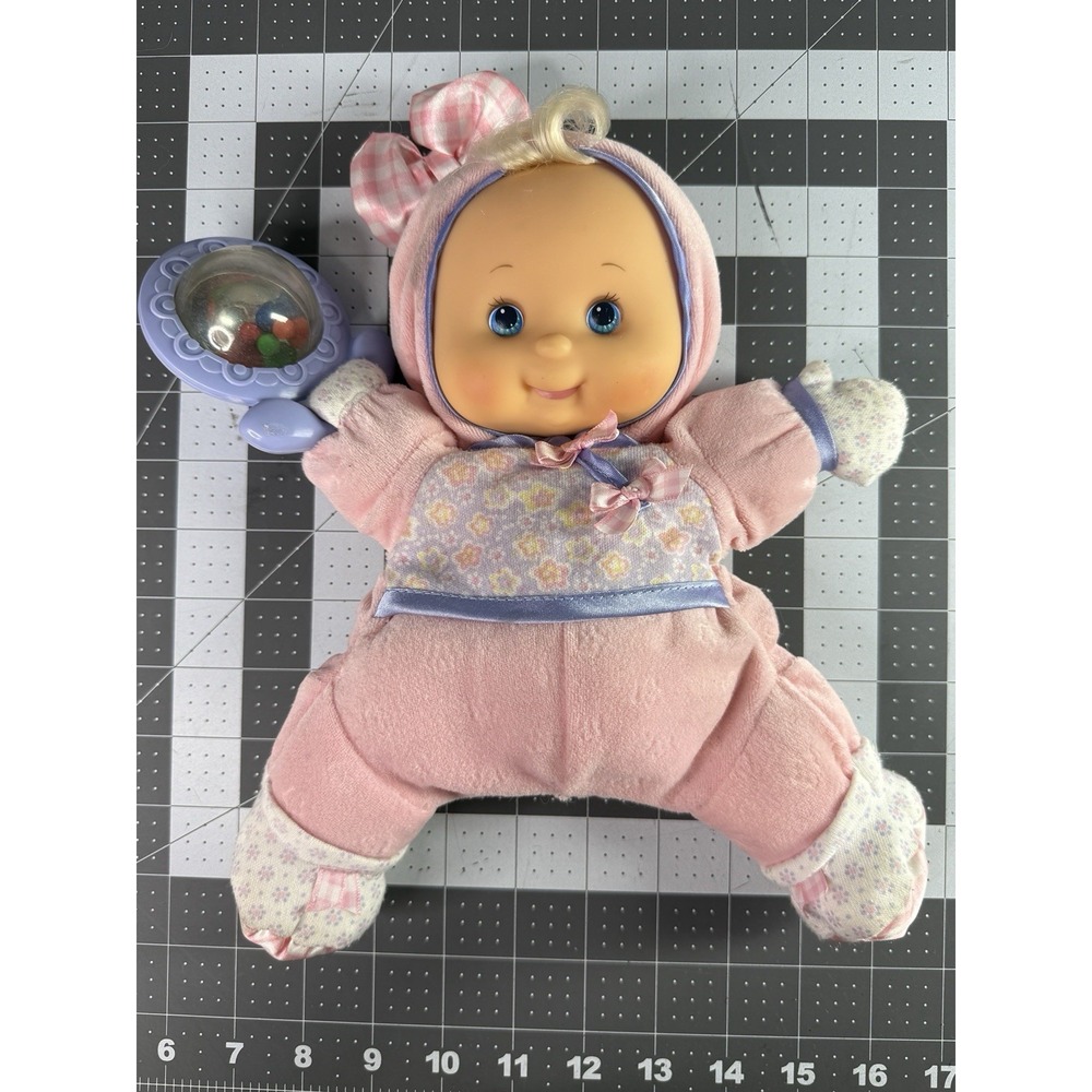 Fisher Price Brilliant Basics Baby's First Doll Vinyl Face W/ Rattle Plush Pink